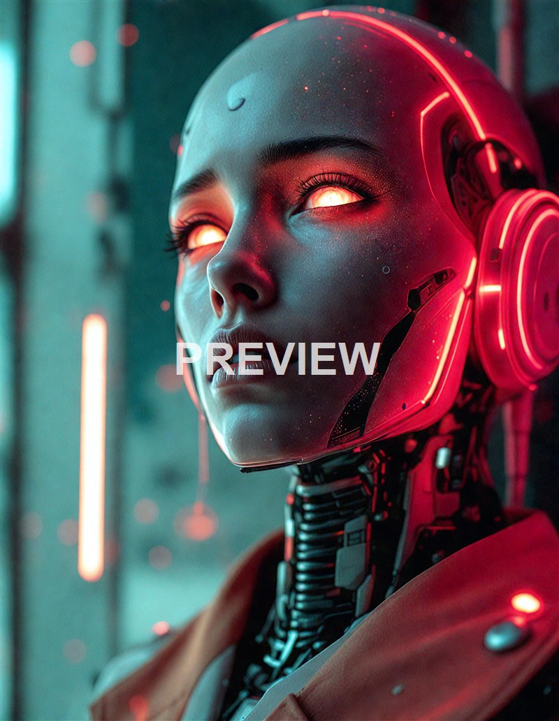 A highly detailed close-up of a humanoid robot with a human-like face, glowing eyes, and a sleek, futuristic design featuring neon red lighting and mechanical components.